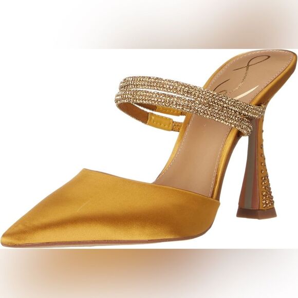 Sam Edelman Agustina Rhinestone Embellished Satin Mules in Golden Yellow 6 - Picture 3 of 11